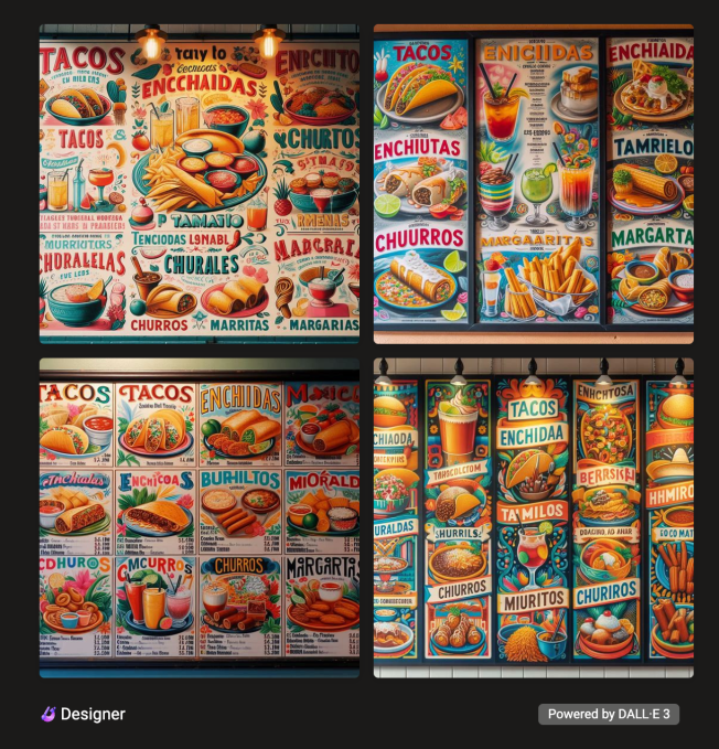 DALL-E 3 generated Mexican restaurant menu with spelling errors